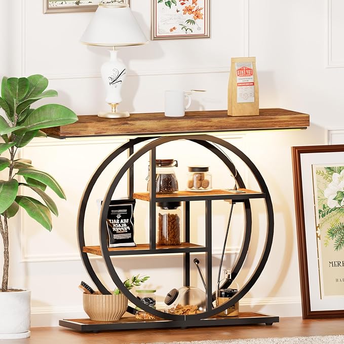 Console Tables for Entryway, Built-in US Standard Outlet & LED Strip Lights, 4-Tier Industrial Narrow Wood Sofa Table, Entryway Table with Storage Shelves for Living Room