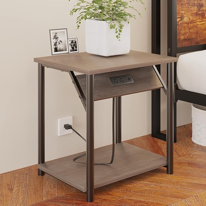 Night Stands Set of 2, Small End Tables with Charging Station, Small Side Tables for Living Room, Bedside Tables with 2-Tier Storage Shelf, Nightstand with Outlets and USB Ports, Rustic Grey/Black