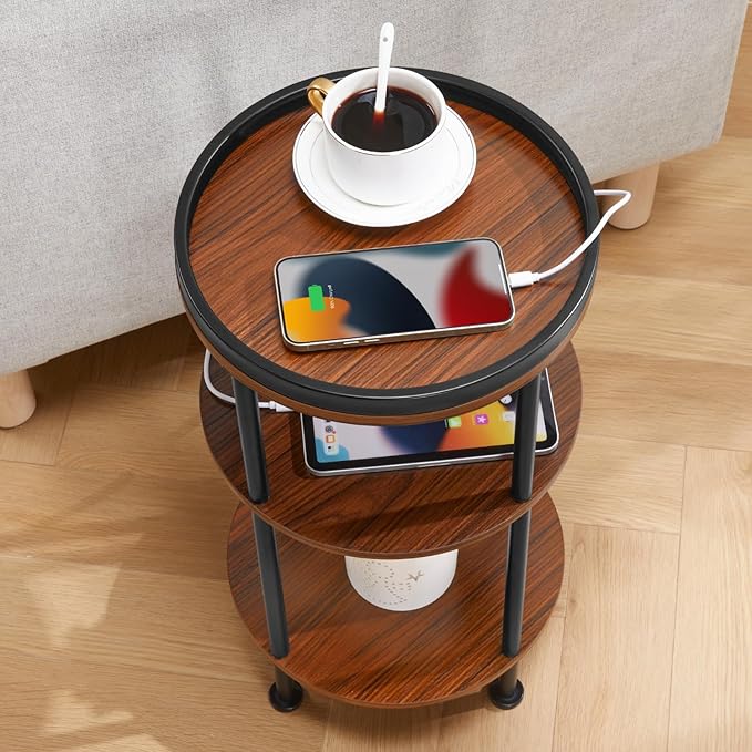Small Round Side Table with Charging Station for Small Spaces, 3-Tier Accent Table with USB Ports & Power Outlets, Sofa Corner Tea Table for Living Room Nightstand Bedroom Apartment (USB, Cherry)