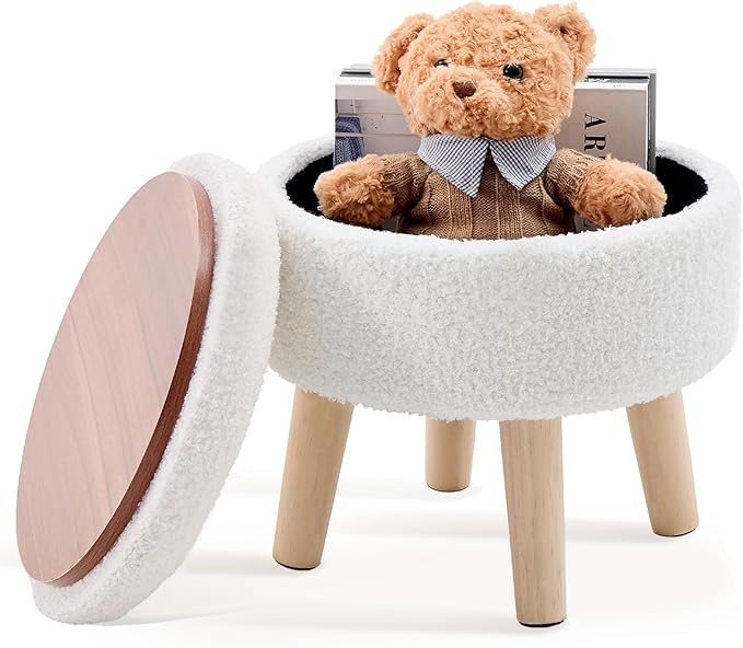 Mxfurhawa Versatile Storage Ottoman, Round Footstool with Soft Padded Seat, Small End Table with 4 Wood Legs, Teddy Velvet Foot Rest for Couch,Shoe Changing Stool for Living Room (Cream)
