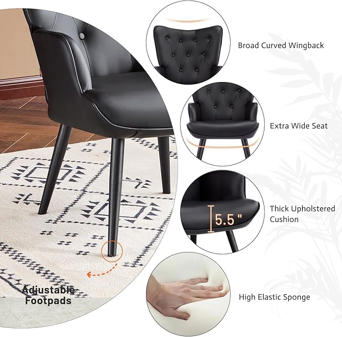 Furniliving PU Leather Accent Chair for Living Room, Upholstered Reading Chair with High Backrest, Tufted-Button Wingback Armchair for Bedroom, Dressing Room, Home Office, Black