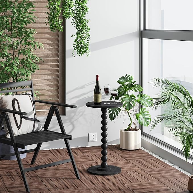 Round Side Table, Small Drink Table for Small Spaces, Pedestal End Table for Living Room, Modern Accent Nightstand with Solid Wood Leg for Bedroom, Corners and Office Black Color UTBT005B