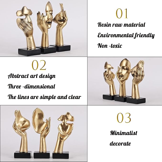 3 Pcs Thinker Small Statue Set - Black Gold Home Decor Abstract Art Figurines for Shelves, Living Room Coffee Table, Office Desktop (3 Pcs Gold, 6")