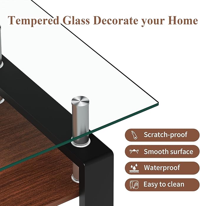 Modern 2-Tier Coffee Table with Tempered Glass Top, MDF Shelf & Metal Legs, Rectangular Living Room Center Table, Sturdy & Stylish Table for Small Spaces, Lounge or Office