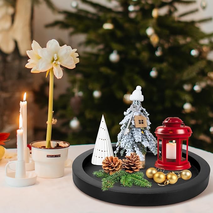 Round Decorative Tray for Coffee Dining Table Countertop Small Wooden Serving Trays Farmhouse Kitchen Home Living Room Decor and Bathroom Accessories Tray Black Rustic Wood Candle Centerpiece Trays