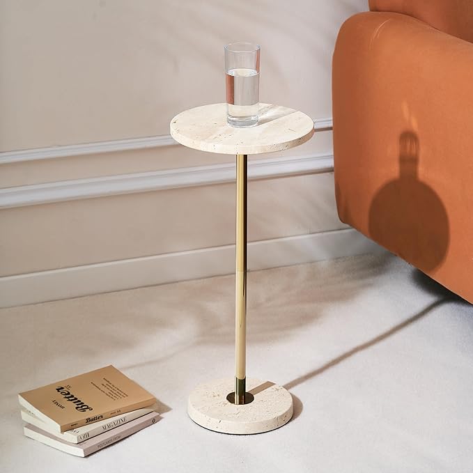 Premium Small Round Natural Marble Pedestal Side Table, End Table, Mini Drink Table with Upgraded Weighted Marble Base, for Livingroom, Bedroom, Bathroom, Balcony, Small Spaces (Beige Travertine)