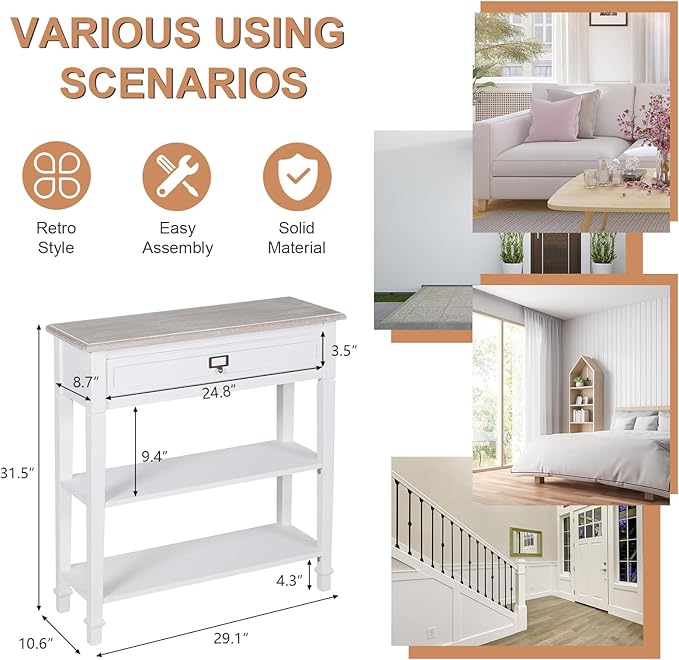 MOTION Narrow Entryway Table - 3 Tier Console Tables for Entryway with Drawer, Shelves, Sofa Table with Storage, Farmhouse Entry Table for Hallway, Living Room, 29 in, White
