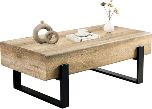 47.24" Rectangle Coffee Table, Wood Coffee Table Center Table with 7.8" Thick Tabletop Metal Legs Rounded Corners for Living Room Office, Natural Wood