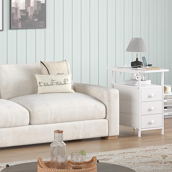 End Table with Charging Station, Side Tables Livingroom with USB Ports and Outlets,Narrow Nightstands Bedside Tables with 3 Drawers PU Finish for Small Space,Slim Sofa Table Bedroom,White