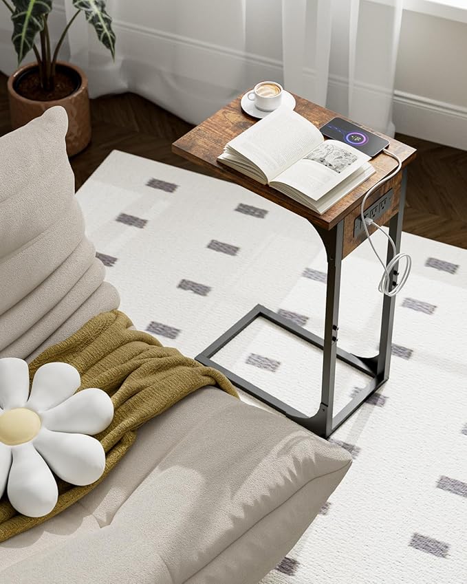 C-Shaped Side Table for Couch - Small Coffee Stand Sofa Tray Desk with Metal Frame Waterproof Scratch Resistant Wood Top and Built-in Charging Station, Rustic Brown