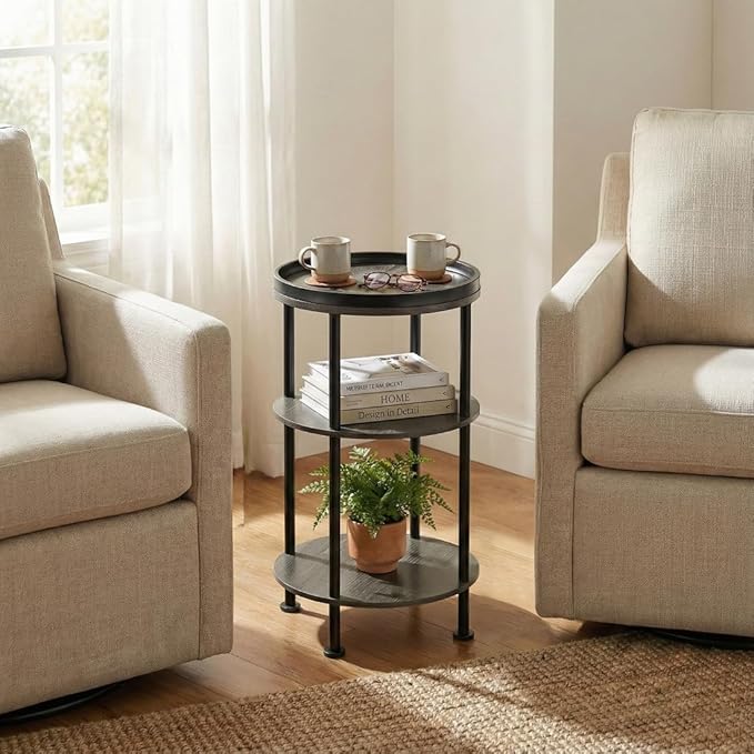 Small Round Side Table, Rustic Grey End Table with Tray Top, 3-Tier Greige Nightstand for Living Room & Bedroom, 11.8" Narrow Corner Table, 21.7" H Industrial Accent Furniture for Small Spaces, Grey