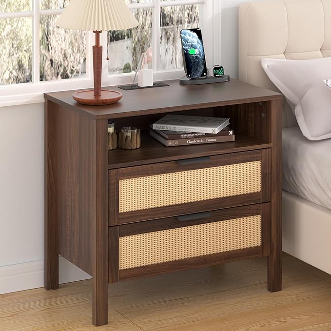 HOMMPA Nightstand with Charging Station, Boho Bedside Table with USB and Type-C Ports, Large Rattan Night Stand with 2 Drawers, Side Table End Table for Bedroom, Living Room, Small Space, Walnut