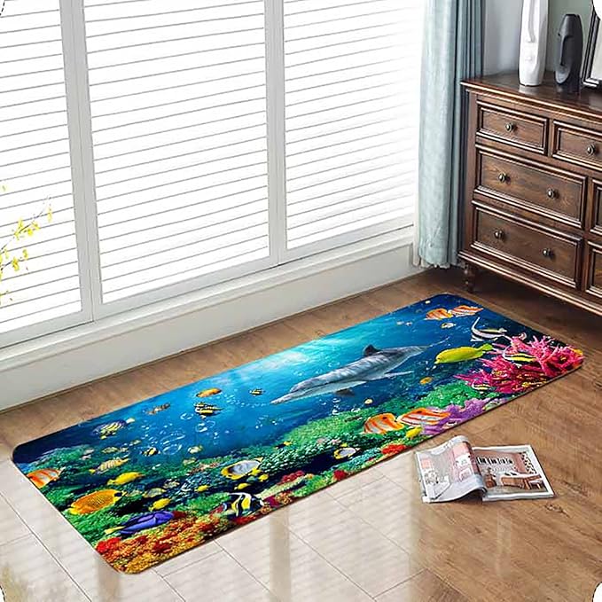 Bath Rugs Sponge Foam Absorbent Soft for Bathroom and Kitchen (47x18 inches),Flannel Mat Non Slip Bright 3D Print for Bedside and Living Room(Dolphin Coral Fish School)