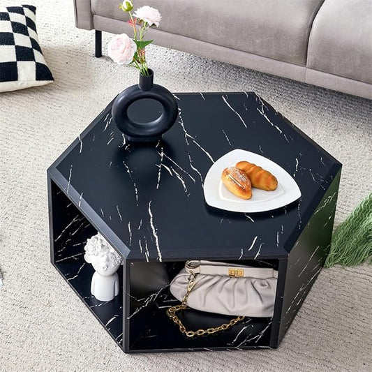 Modern Faux Marble Coffee Table with Storage, Geometric Living Room Table, Black Hexagon Tabletop with Compartments for Books, Decor & Drinks