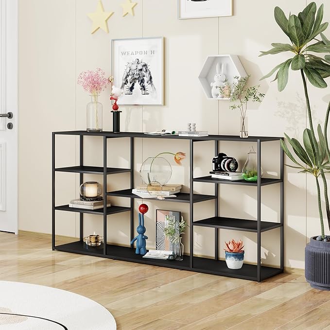 63 Inch Metal Console Table with 8 Storage Shelves,Extra Long Entryway Table,Narrow Sofa Table,Hallway Table for Entrances to Corridor, Foyer,Living Room (Black, 62.99×11.81×31.5)