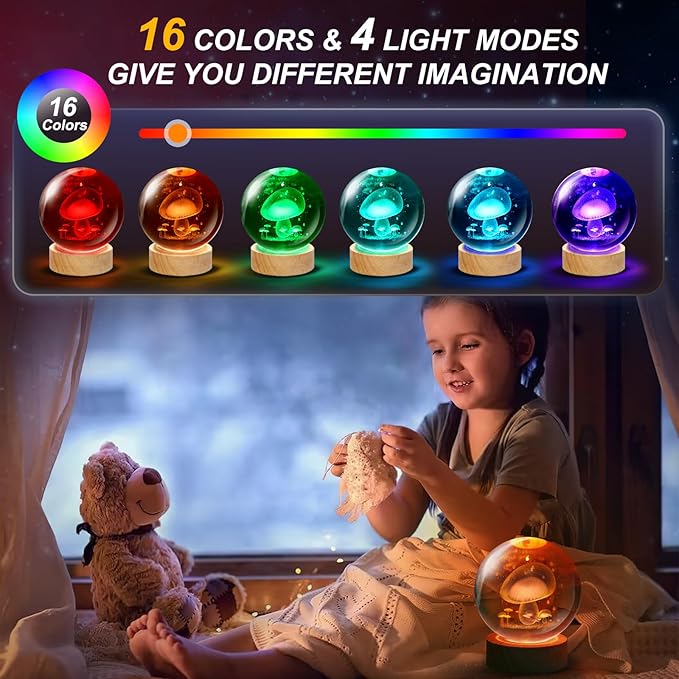 Mushroom Lamp,3.15 inch 3D K9 Crystal Ball Mushroom Night Light with Wooden Base,16 Colors Change,Remote Control,Color Box,Birthday Christmas Gift
