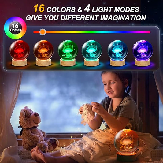 Mushroom Lamp,3.15 inch 3D K9 Crystal Ball Mushroom Night Light with Wooden Base,16 Colors Change,Remote Control,Color Box,Birthday Christmas Gift