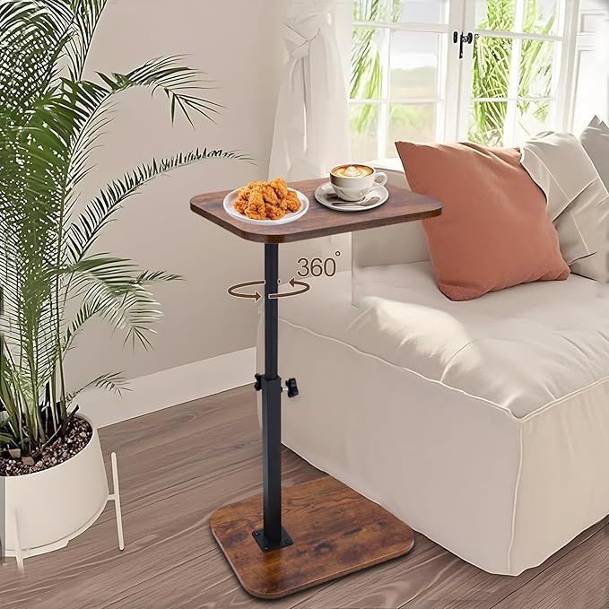C Shaped End Table for Couch, 360° Swivel Height Adjustable TV Tray for Livingroom,Bedroom,Study and Small Spaces(Vintage Brown)