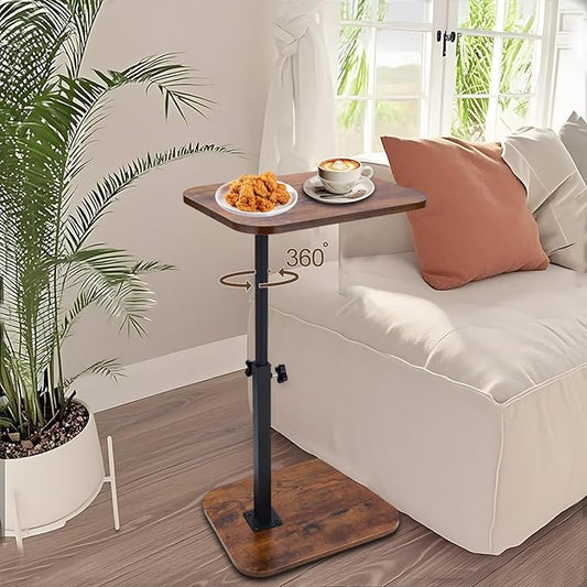 C Shaped End Table for Couch, 360° Swivel Height Adjustable TV Tray for Livingroom,Bedroom,Study and Small Spaces(Vintage Brown)
