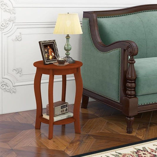 Giantex Round End Table, Wooden Side Table with Storage Shelf, Small Nightstand with Solid Wood Legs, 2-Tier Accent Table for Living Room Bedroom (1, Walnut)