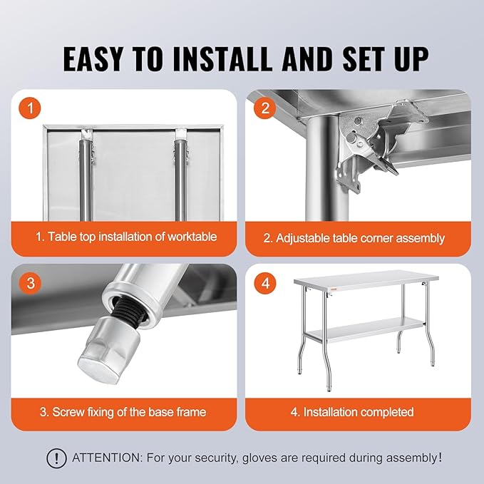 VEVOR Commercial Worktable Workstation 48 x 24 Inch Folding Commercial Prep Table, Heavy-duty Stainless Steel Folding Table with 772 lbs Load, Kitchen Work Table, Silver Stainless Steel Kitchen Island