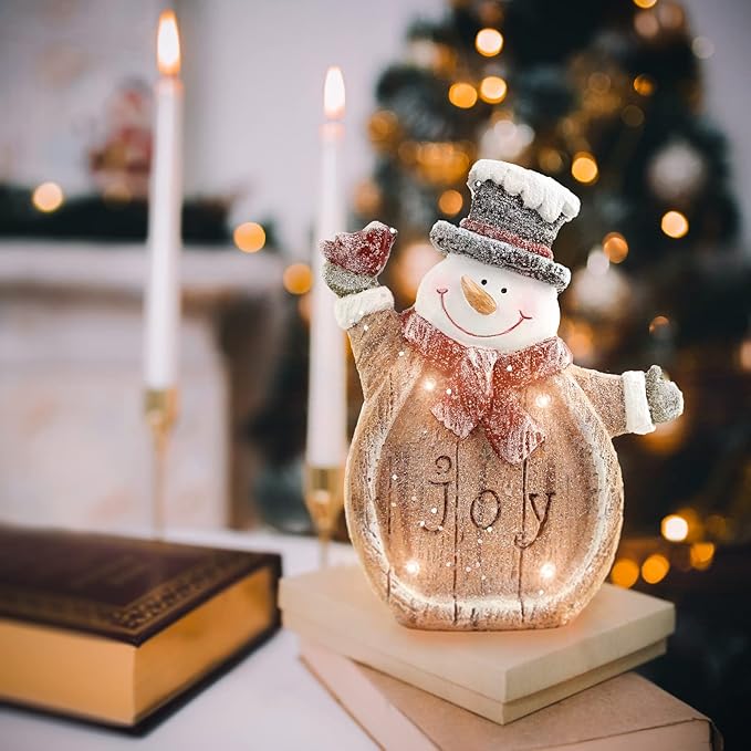 Snowman Christmas Indoor Decorations Snowman Figurine with LED Lights for Winter Holiday Decorations, Christmas Decor Frosty For Shelf Table Fireplace Mantle, Home Decor Accents Xmas Gift for Women