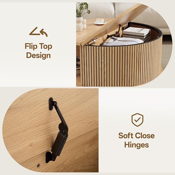 Mid Century Round Coffee Table, Fluted Center Table with Sliding Door, Modern Dining Table with Storage for Home Living Room Office, 31.5", Oak