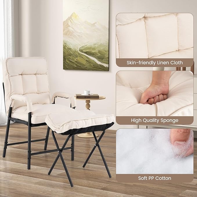 Giantex Modern Accent Chair with Ottoman, Upholstered Arm Chair with Adjustable Backrest & Solid Metal Frame, Linen Fabric Single Sofa Chair and Footrest Set for Bedroom, Living Room (Beige)