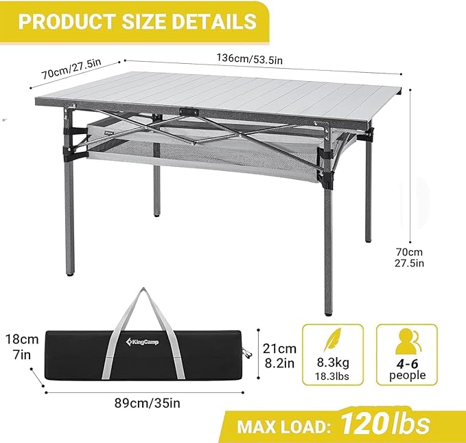 KingCamp Folding Camping Table, Portable Camp Table Foldable Aluminum Roll Up Seamless Desktop with Storage and Tall Legs for Outdoor Backyard Picnic