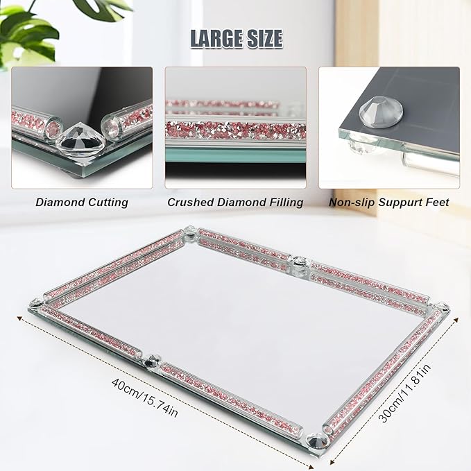 Large Mirror Perfume Tray for Dresser,Pink Crushed Diamond Filled Glass Vanity Tray,Decorative Bathroom Tray,Crystal Tray for Home Decorative,Party,Hotel Banquet,15.7x11.8x1.4inch,Pink