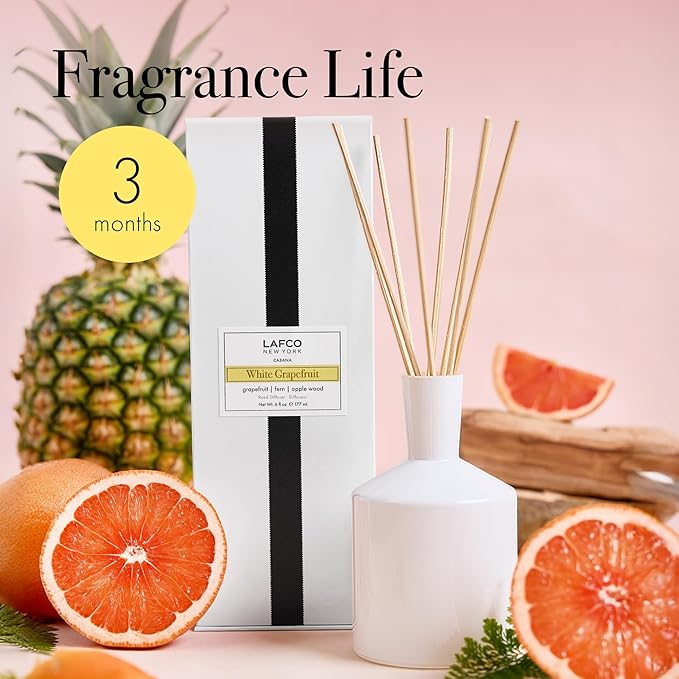 LAFCO New York Classic Reed Diffuser, White Grapefruit - 6 oz - Up to 3 Months Fragrance Life - Reusable Glass Vessel - Natural Wood Reeds - Made in The USA