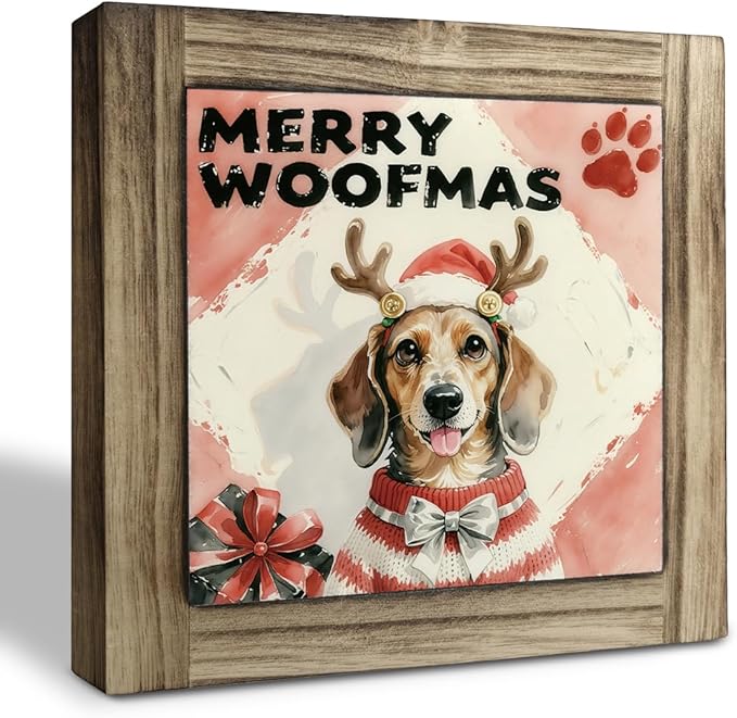 Funny Christmas Wood Signs, Merry Woofmas Sign, Christmas Dog Sign, Funny Dog Front Porch Door Decor, Xmas Tabletop Decors, Dogs Pet Lover Home Decor, Decorative Wooden Box Signs