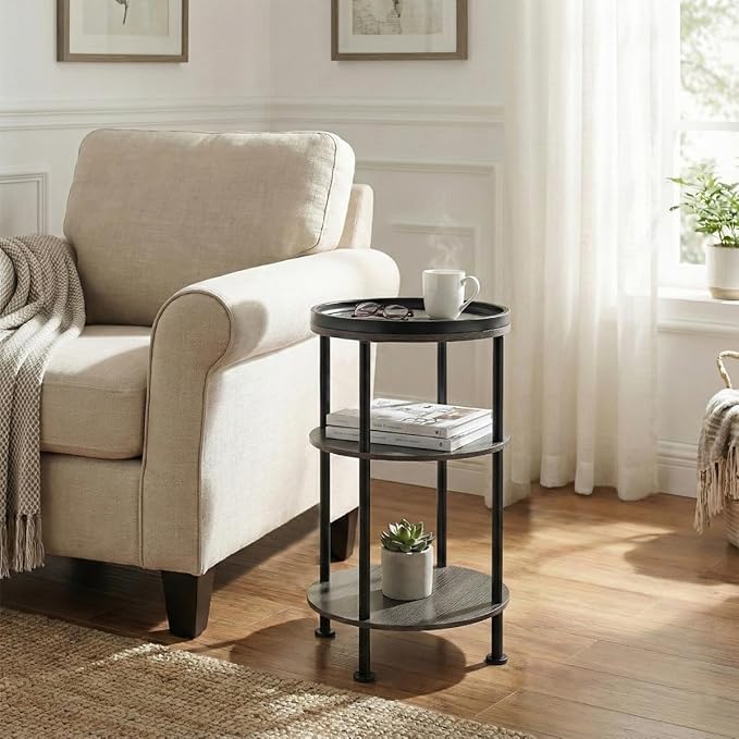 Small Round Side Table, Rustic Grey End Table with Tray Top, 3-Tier Greige Nightstand for Living Room & Bedroom, 11.8" Narrow Corner Table, 21.7" H Industrial Accent Furniture for Small Spaces, Grey