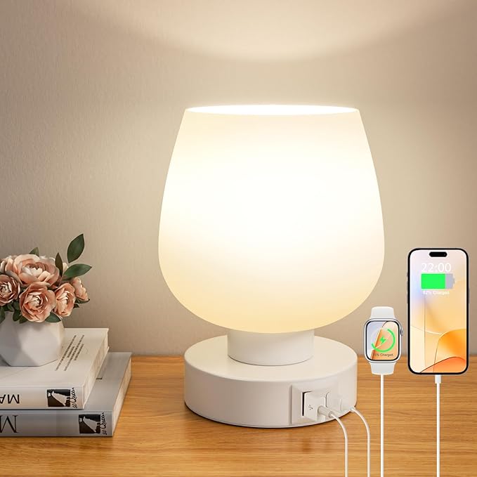 Touch Table Lamp for Nightstand - Bedside Lamp with USB C+A Charging Ports for Bedroom Living Room Night Stands, Desk Lamp with White Glass Shade for Small Spaces, 3 Way Dimmable, LED Bulbs, Gifts