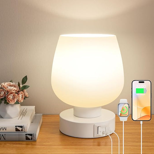 Touch Table Lamp for Nightstand - Bedside Lamp with USB C+A Charging Ports for Bedroom Living Room Night Stands, Desk Lamp with White Glass Shade for Small Spaces, 3 Way Dimmable, LED Bulbs, Gifts
