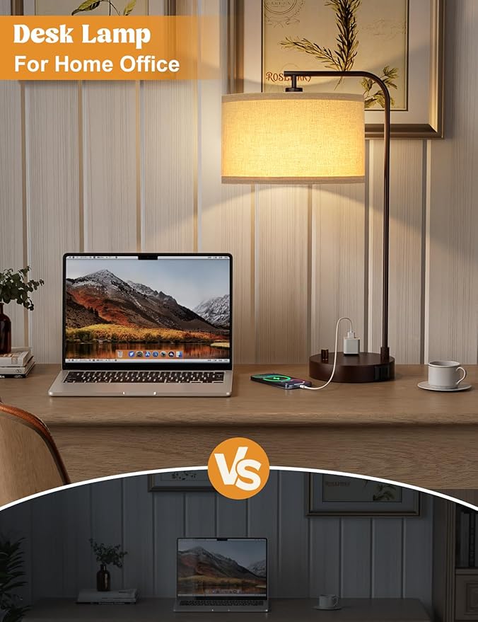 Brown Side Table Lamp with USB Port and Outlet, Dimmable Nightstand Bedside Lamps with Linen Lampshade, Desk Lamp for Bedroom, Living Room, Guest Room, Home Office, LED Bulb Included