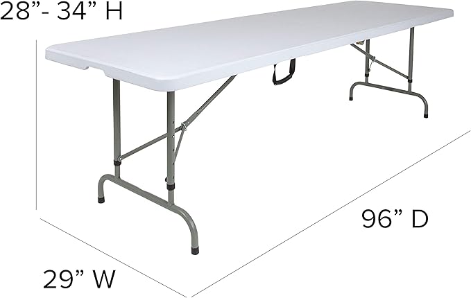 EMMA + OLIVER 8' Height-Adjustable Rectangular Bi-Fold Plastic Folding Table, Long Plastic Foldable Table for Residential Indoor/Outdoor Events, White
