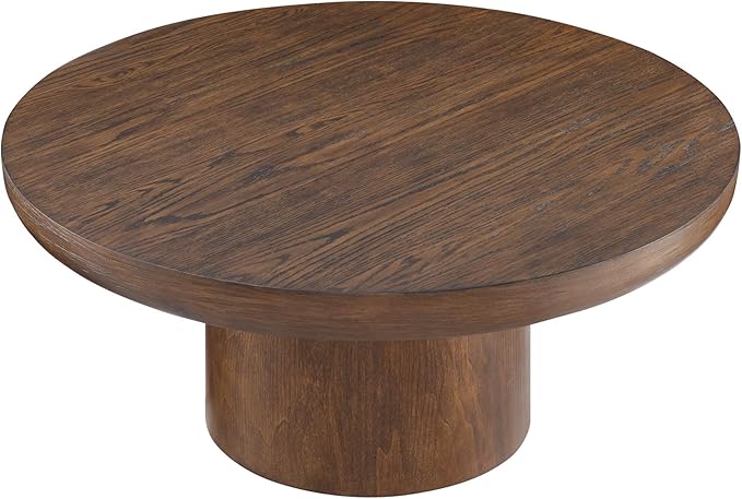 36" Round Coffee Table with Cylindrical Leg,Farmhouse Accent Side Table, Sturdy MDF Construction,Mid-Century Modern Wood Veneer Center Table for Living Room, Apartment,Office (Dark Brown)
