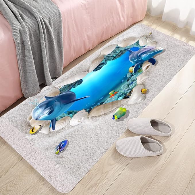 Bath Rugs Sponge Foam Absorbent Soft for Bathroom and Kitchen (71 x 24 inches), Flannel Mat Non Slip Bright 3D Print for Bedside and Living Room(Heart-Shaped Beach Dolphin)