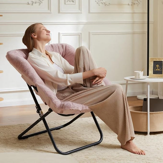 DUMOS Comfy Chair for Adults, Soft Faux Fur Folding Lounge for Bedroom Living Room Dorm Rooms Flexible Reading Chair for Teens, Large Size Foldable (Square-Pink)