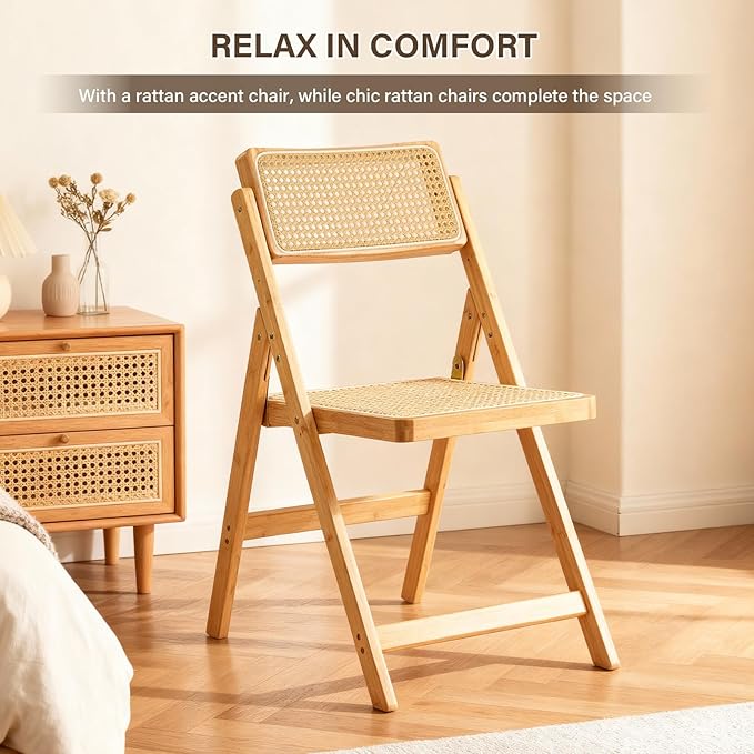 Rattan Folding Chair, Modern Mid Century Dining Chair Set of 1, Outdoor Bamboo Chairs for Bedroom Living Room Reading Room Dining Kitchen, Wood