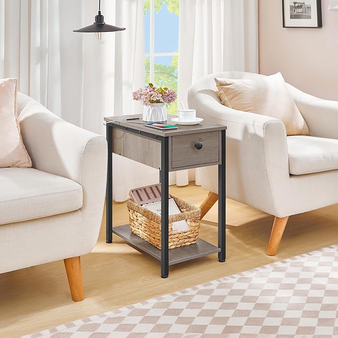 HOOBRO End Table with Charging Station, Narrow Side Table, Small Nightstand, Bedside Tables with Drawer and Storage Shelves, for Small Spaces, Living Room, Bedroom, Greige and Black BG041BZ01G1