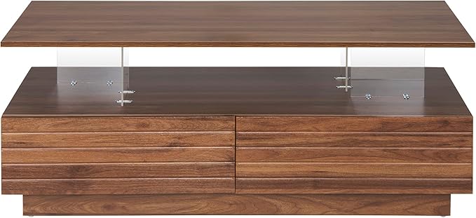 Modern Rectangular LED Coffee Table w/ 2 Storage Drawers, 2-Tier Living Room Center Table w/Adjustable Brightness Multi-Color LED Lights, Cocktail Tea Table w/Open Shelf, Walnut