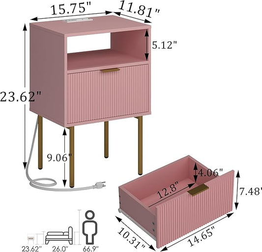 Modern Nightstand with Charging Station and LED Lights, White Bedside Table with Drawer, Fluted Side Table for Living Room, Bedroom
