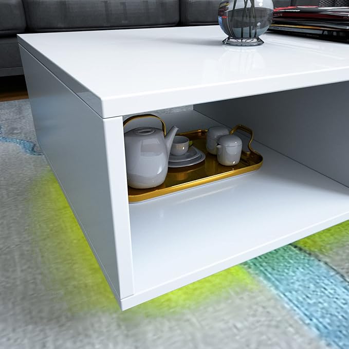 COSVALVE Modern White LED Coffee Tables for Living Room with Drawer & 16-Color LED Lights, Rectangle Living Room Sofa Table with Ample Storage Space(23.6" D x 43.3" W x 15.7" H)