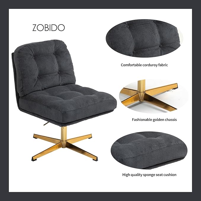 ZOBIDO Modern Accent Corduroy Chairs Comfy Upholstered Vanity Chairs for Bedroom Armchair Dining Chairs with Golden Metal Legs Desk Chair for Living Room(Black