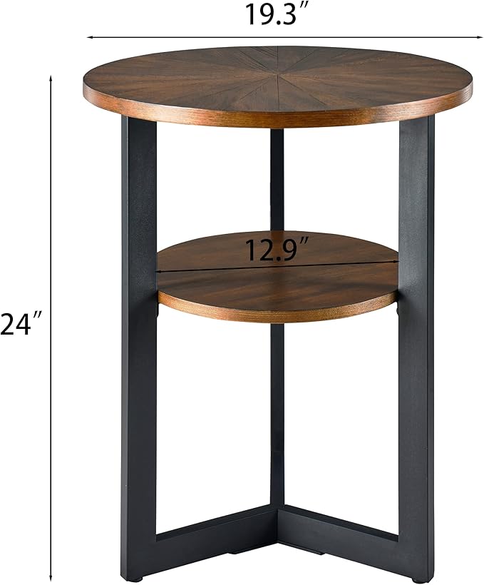 LEEMTORIG Round Side Table, 2-Tier End Table Nightstand with Metal Legs, Modern Bedside Accent Couch Table for Living Room, Bedroom, Office, Rustic Brown/Black, 19.3 x 19.3 x 24 inches BZ-1338-NC
