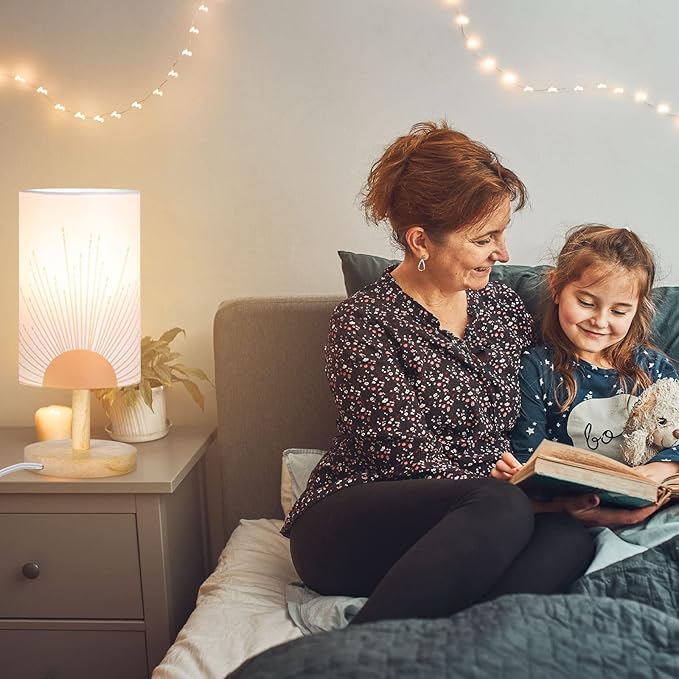 Bonuci Bedside Table Lamp for Bedroom Boho Desk Lamp Minimalist Bedside Desk Lamp 3W Sun Background Trendy Abstract Geometric Small Night Stand Lamp with Wood Base for Bedroom Living Room Desk Office