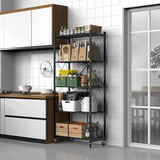 64" H 5 Tier Foldable Storage Shelf with Wheels, Folding Shelving Loads 500 LBS, Metal Steel Garage Shelves, Rolling Standing Utility Rack for Kitchen, Pantry, Office, Black