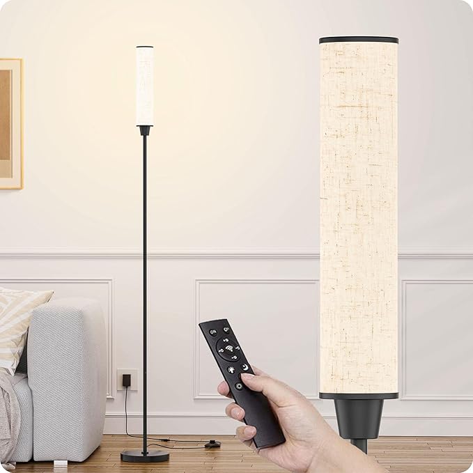 Floor Lamp with Remote Control, Floor Lamps for Living Room/Bedroom/Office, Stepless Adjustable 3000K-6000K Colors and 10-100% Brightness,Standing Light with Foot Switch (Black+Beige Linen)